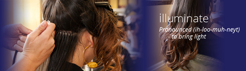 hair extensions being placed into a woman's hair